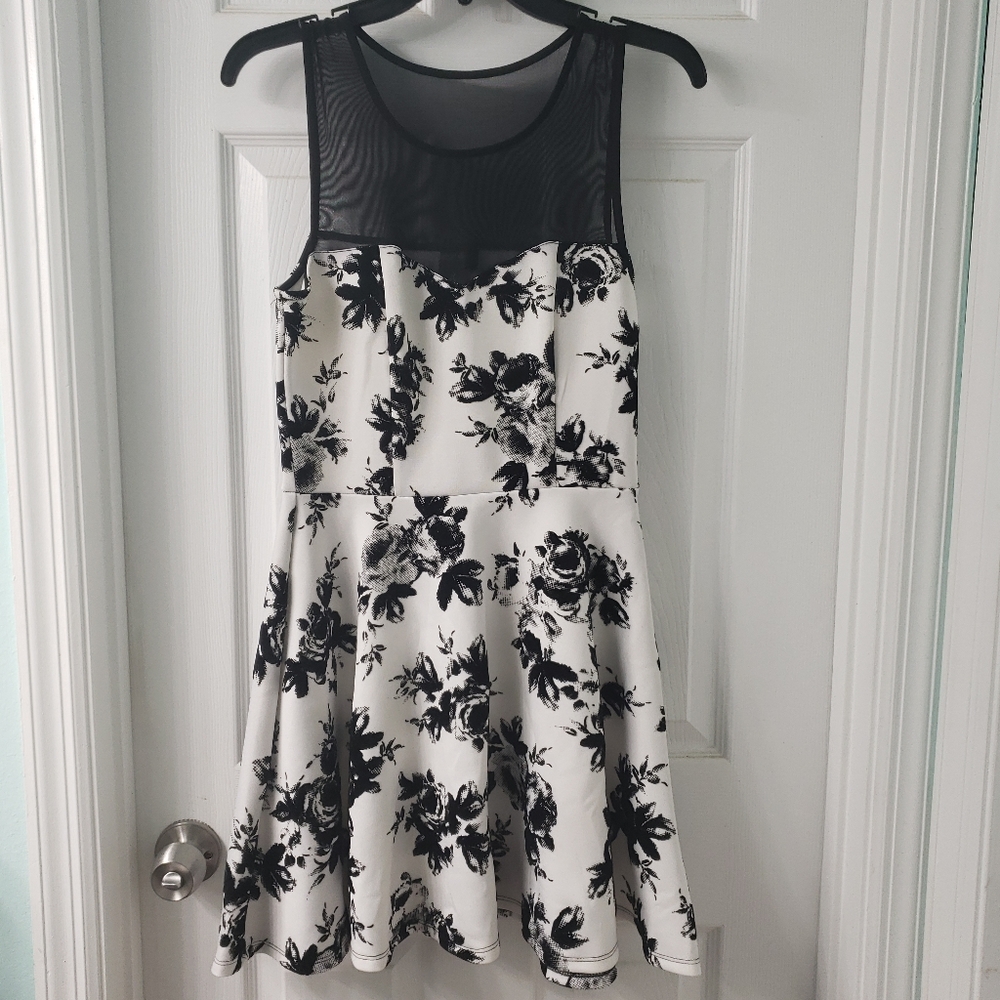 White and Black Floral Dress with Mesh